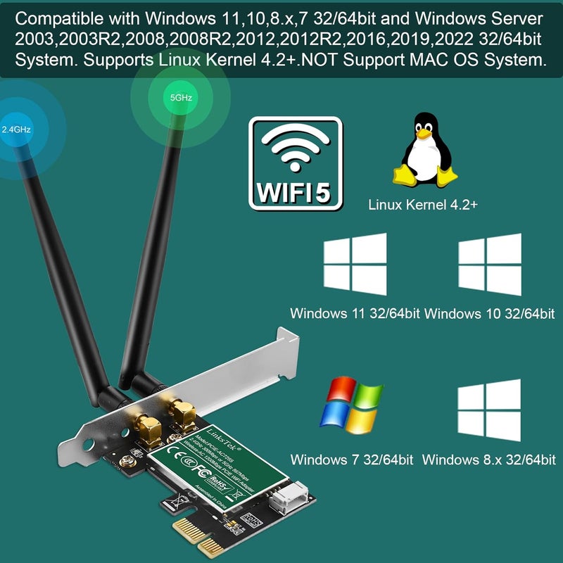 LinksTek Wireless-AC 1200Mbps (2.4GHz 300Mbps and 5GHz 867Mbps) PCIE WiFi Adapter, PCIE WiFi Card, Intel Wireless-AC 7265 Network Adapter for Windows 11,10, 8.x, 7 (32/64bit) Desktop PCs (PCIE-AC7265) - Image 4